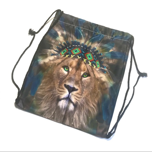 Boho Tribal Lion Cat Animal lover draw string bag - Picture 3 of 6
